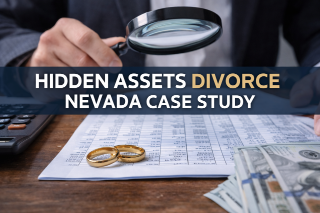 hidden assets divorce Nevada case study showing financial documents and wedding rings