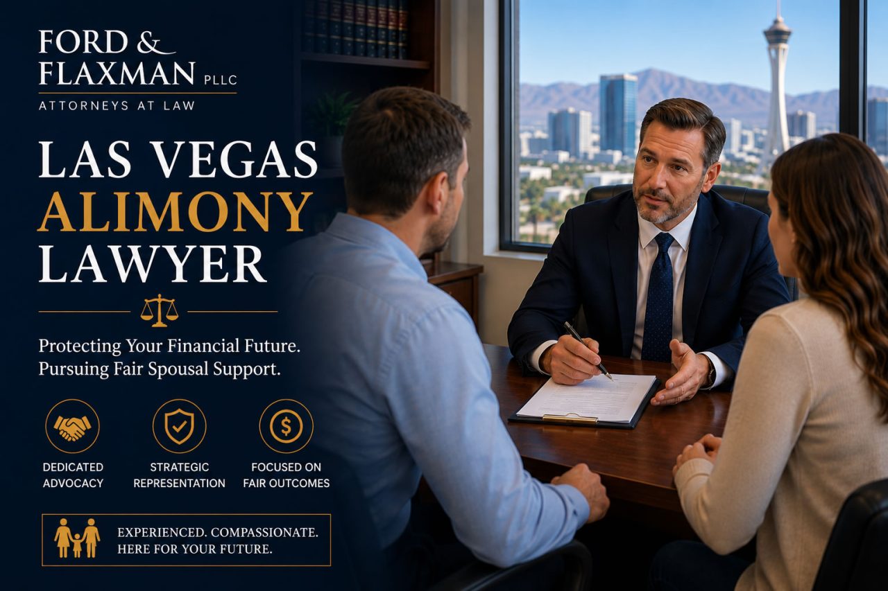 Las Vegas alimony lawyer advertisement featuring attorney consultation and spousal support representation